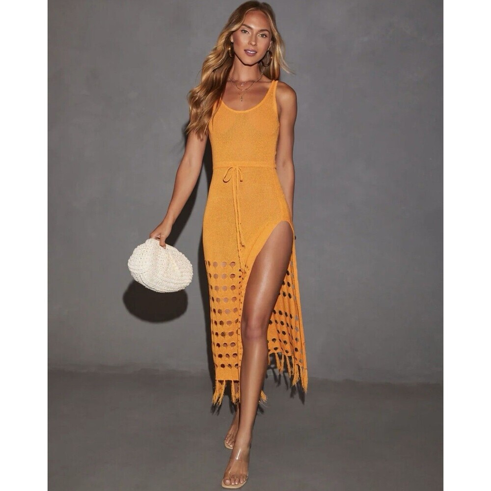 Vici Caliana Tassel Cover-Up Maxi Dress Size L Orange Boho Style Sleeveless EUC